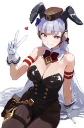 Rule 34 | 1girl, animal ears, armband, bare shoulders, black pantyhose, bow, breasts, brown headwear, buttons, cleavage, commentary request, detached collar, double-breasted, ear covers, gloves, gold ship (umamusume), grey hair, grin, heart, highleg, highleg leotard, highres, horse ears, horse girl, horse tail, large breasts, leotard, long hair, looking at viewer, nontraditional playboy bunny, pantyhose, pillbox hat, pouch, purple bow, purple eyes, simple background, sitting, smile, solo, strapless, strapless leotard, tail, thigh strap, umamusume, ushiwaka, v, very long hair, white background, white gloves