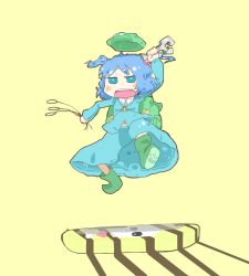 Rule 34 | 1girl, blue eyes, blue hair, female focus, hat, inishie, kawashiro nitori, matching hair/eyes, navel, plant, simple background, skirt, solo, touhou, two side up, wrench