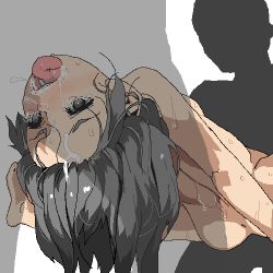 Rule 34 | 1girl, 2boys, black eyes, black hair, breasts, chiisan, cum, cum in mouth, cum in nose, facial, fading, fellatio, group sex, hetero, irrumatio, lowres, mmf threesome, multiple boys, open mouth, oral, original, reverse fellatio, sex, small breasts, solo focus, spitroast, sweat, tears, thighs, threesome, tongue, tongue out, transparent, upside-down