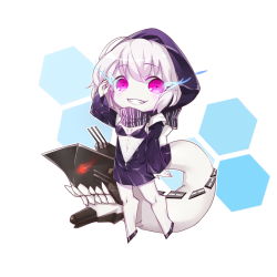 Rule 34 | 10s, 1girl, absurdres, abyssal ship, backpack, bag, chibi, fm, glowing, glowing eyes, grin, highres, honeycomb (pattern), honeycomb background, honeycomb pattern, hood, hoodie, kantai collection, pale skin, purple eyes, re-class battleship, scarf, short hair, smile, solo, tail, white hair