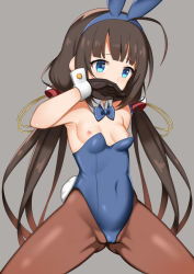 Rule 34 | 10s, 1girl, ahoge, animal ears, armpits, bare shoulders, black gloves, blue bow, blue bowtie, blue eyes, blue hairband, blue leotard, blunt bangs, bow, bowtie, breasts, brown hair, brown pantyhose, cameltoe, collar, commentary request, covered mouth, detached collar, fake animal ears, gloves, grey background, hairband, hinatsuru ai, leotard, long hair, looking away, looking to the side, low twintails, nipples, pantyhose, playboy bunny, rabbit ears, rabbit tail, ryuuou no oshigoto!, simple background, small breasts, solo, strapless, strapless leotard, tail, toshishikisai, twintails, very long hair, white collar, wrist cuffs