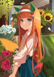 Rule 34 | 1girl, animal ears, blue eyes, blunt bangs, blurry, carrying, closed mouth, commentary request, congarii, flower, flower pot, hair ornament, hairband, highres, horse ears, light blush, long hair, long sleeves, looking at viewer, orange hair, petals, pleated skirt, red flower, red rose, rose, shirt, signature, silence suzuka (umamusume), skirt, smile, solo, star (symbol), star hair ornament, sunflower, umamusume, very long hair, white shirt