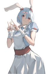 Rule 34 | 1girl, :3, animal ears, apron, blue dress, blue hair, bow, closed mouth, double v, dress, fake animal ears, ginyuiti, hair bow, hands up, highres, light blue hair, original, puffy short sleeves, puffy sleeves, rabbit ears, red bow, red eyes, short hair, short sleeves, simple background, solo, v, white apron, white background