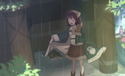 Rule 34 | 2girls, :d, atelier (series), atelier sophie, bag, baguette, blush, book, bookmark, bread, brown hair, collared coat, commentary request, door, closed eyes, flower, food, furrowed brow, head scarf, jacket, jewelry, kuromame (honey 728), long coat, multiple girls, necklace, open book, open mouth, outdoors, plachta, plant, rain, shirt, skirt, sleeves past wrists, smile, sophie neuenmuller, standing