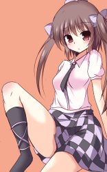 Rule 34 | 1girl, black socks, blush, bow, breasts, brown background, brown eyes, brown hair, checkered clothes, checkered skirt, hair bow, hat, highres, himekaidou hatate, kneehighs, leg ribbon, leg up, looking at viewer, naba (take tonbo), necktie, puffy sleeves, ribbon, shirt, short sleeves, simple background, sitting, skirt, small breasts, socks, solo, tokin hat, touhou, twintails