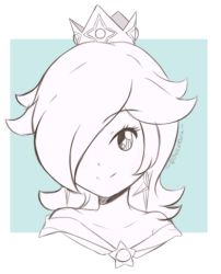 Rule 34 | 1girl, artist name, blue background, border, chocomiru, closed mouth, crown, dress, earrings, jewelry, long hair, looking at viewer, lowres, mario (series), monochrome, nintendo, rosalina, sketch, smile, solo, super mario galaxy, tiara, unfinished, upper body