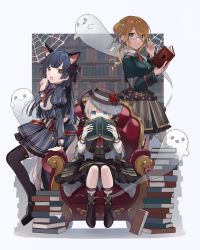 Rule 34 | 3girls, :o, adjusting eyewear, animal ear fluff, animal ears, belt, black footwear, blue eyes, blue hair, book, book stack, book to mouth, bookshelf, boots, border, braid, chair, chiri (ch!), clothing cutout, coffin, commentary, covering own mouth, diamond hair ornament, dress, drop shadow, earrings, flower, frilled legwear, full body, ghost, grey eyes, hair bun, hair ornament, hair up, hairclip, hand to own mouth, hat, hat flower, highres, holding, holding book, idolmaster, idolmaster shiny colors, izumi mei, jewelry, leaning on object, long hair, long sleeves, looking at viewer, mayuzumi fuyuko, multiple belts, multiple girls, necktie, open mouth, orange hair, puffy sleeves, red neckwear, rose, serizawa asahi, short hair, side braid, side bun, silk, single side bun, sitting, skirt, spider web, striped clothes, striped dress, striped skirt, stud earrings, symbol-only commentary, tan, thighhighs, two side up, vertical-striped clothes, vertical-striped dress, vertical-striped skirt, yellow eyes
