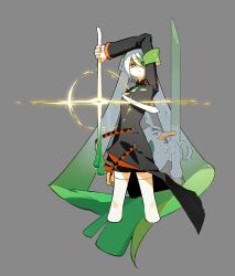 Rule 34 | 1girl, armband, black coat, black shorts, closed mouth, coat, commentary, creatures (company), crop top, dbepd, fighting miku (project voltage), game freak, green armband, green eyes, green hair, grey background, grey hair, hair between eyes, hatsune miku, highres, holding, long hair, long sleeves, multicolored hair, necktie, nintendo, pokemon, pokemon (creature), project voltage, shorts, simple background, spring onion, symbol-only commentary, thighhighs, vocaloid, white hair, white necktie, white thighhighs