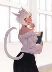 1girl absurdres animal_ears book cat_ears cat_tail dark-skinned_female dark_skin facial_mark final_fantasy final_fantasy_xiv grey_eyes highres looking_at_viewer looking_back lyra-kotto miqo&#039;te nail_polish neck_tattoo off-shoulder_sweater off_shoulder pleated_skirt skirt solo sweater tail tattoo whisker_markings white_hair y&#039;shtola_rhul