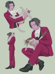 Rule 34 | 1boy, 23011620x, ace attorney, animal, animal on lap, animal on shoulder, ascot, black footwear, black vest, cat, collared shirt, formal, full body, grey hair, hair intakes, highres, holding, holding animal, holding cat, jacket, long sleeves, male focus, miles edgeworth, on lap, open mouth, pants, red jacket, red pants, red suit, shirt, shoes, short hair, simple background, sitting, suit, sweatdrop, vest, white shirt