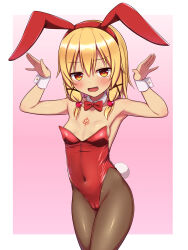Rule 34 | 1girl, animal ears, black pantyhose, blonde hair, bow, bowtie, breasts, brown eyes, cameltoe, commentary request, covered navel, cowboy shot, detached collar, fang, gradient background, highres, leotard, looking at viewer, medium hair, nasuna (yakinasu87), open mouth, original, pantyhose, pink background, playboy bunny, rabbit ears, rabbit pose, rabbit tail, red leotard, small breasts, solo, standing, strapless, strapless leotard, tail, wrist cuffs, yakinasu87