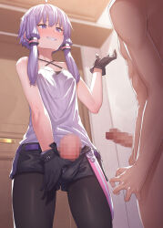 Rule 34 | 1girl, ahoge, bare shoulders, belt, black gloves, black shorts, blush, breasts, brown thighhighs, camisole, censored, clothed female nude male, collarbone, erection, futanari, gloves, grin, hair ornament, ibuki notsu, large breasts, long hair, nude, penis, purple eyes, purple hair, short hair with long locks, short shorts, shorts, sidelocks, small breasts, smile, thighhighs, thighs, voiceroid, white camisole, yuzuki yukari