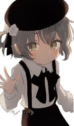 Rule 34 | 1girl, backlighting, beret, black hat, black ribbon, black skirt, blush, brown eyes, brown hair, collared shirt, dated, eyes visible through hair, flower, hand up, hat, hat flower, hat ribbon, hatoba tsugu, highres, long sleeves, looking to the side, medium hair, mole, mole under eye, neck ribbon, open hand, parted lips, raised eyebrows, ribbon, sha2mo, shaded face, shadow, shirt, shirt tucked in, signature, simple background, single hair ring, skirt, solo, suspender skirt, suspenders, tsugu (vtuber), white background, white flower, white shirt