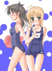 Rule 34 | 00s, 2girls, arm behind back, artoria pendragon (all), artoria pendragon (fate), blonde hair, blue one-piece swimsuit, fate/stay night, fate (series), multiple girls, name tag, one-piece swimsuit, saber (fate), school swimsuit, shibusawa hayato, swimsuit, tohsaka rin, two side up