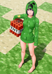 Rule 34 | 1girl, bare legs, barefoot, black hair, blue eyes, bottomless, creeparka, creeper, explosive, face, feet, highres, hood, hooded jacket, jacket, light smile, lips, long sleeves, looking at viewer, magenta color, minecraft, no pants, personification, pixels, shadow, short hair, solo, standing, tnt, tnt block (minecraft)