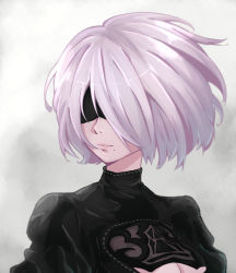 Rule 34 | 1girl, absurdres, breasts, cleavage, covered eyes, highres, kukie-nyan, large breasts, looking away, mole, mole under mouth, nier:automata, nier (series), short hair, solo, upper body, white hair, 2b (nier:automata)