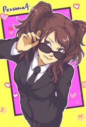 Rule 34 | 1girl, arm behind back, black-framed eyewear, black jacket, black necktie, black pants, brown eyes, brown hair, closed mouth, collared shirt, copyright name, formal, heart, jacket, kujikawa rise, long hair, long sleeves, looking over eyewear, necktie, pant suit, pants, persona, persona 4, pink background, ryuka 123, shirt, smile, solo, standing, suit, sunglasses, twintails, two-tone background, white shirt, wing collar, yellow background
