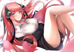 Rule 34 | 1girl, black sweater, blue eyes, blush, breasts, clothes pull, collared shirt, floating, floating hair, go-toubun no hanayome, long hair, looking to the side, medium breasts, nakano nino, off shoulder, petals, shirt, solo, sweater, sweater pull, v-shaped eyebrows, very long hair, white background, white shirt, yk (pixiv43531291)