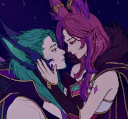 Rule 34 | 1boy, 1girl, animal ears, artelsia, bare shoulders, closed mouth, eye contact, from side, gem, green hair, hand up, highres, league of legends, long hair, looking at another, multicolored hair, pink hair, profile, purple eyes, purple hair, rakan (league of legends), red hair, smile, star guardian rakan, star guardian xayah, two-tone hair, xayah
