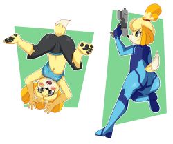 Rule 34 | 1girl, absurdres, alternate costume, animal crossing, animal ears, animal hands, arch (4rch), arm up, armpits, arms up, ass, barefoot, bell, black pants, blonde hair, blue bodysuit, blue shirt, blush, bodysuit, breasts, cameltoe, closed mouth, clothes writing, cosplay, dog ears, dog girl, dog tail, embarrassed, english text, female focus, from behind, full body, furry, furry female, green background, grey eyes, gun, hair bell, hair ornament, hair tie, handgun, happy, high heels, highres, holding, isabelle (animal crossing), jingle bell, leg up, looking at viewer, looking up, medium breasts, midriff, multiple views, navel, nintendo, no bra, open mouth, outline, pants, samus aran (cosplay), shiny clothes, shirt, short hair, simple background, sleeveless, sleeveless shirt, smile, spread legs, standing, standing on one leg, tail, teeth, topknot, two-tone background, underboob, upside-down, weapon, white background, white outline, wii fit trainer (cosplay), zero suit