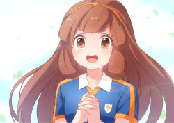 Rule 34 | 1girl, bad id, bad pixiv id, brown eyes, brown hair, crying, crying with eyes open, headband, inazuma eleven (series), inazuma eleven go, inazuma eleven go chrono stone, long hair, looking at viewer, nanobana kinako, open mouth, own hands together, raimon, raimon soccer uniform, soccer uniform, solo, sportswear, t (toddy t), tears, upper body