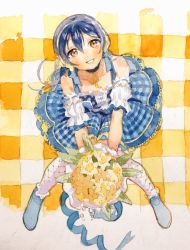 Rule 34 | 1girl, bare shoulders, blue hair, blush, bouquet, commentary request, dress, flower, full body, hair between eyes, highres, holding, holding bouquet, long hair, looking at viewer, love live!, love live! school idol festival, love live! school idol project, open mouth, plaid, plaid dress, solo, sonoda umi, thighhighs, yellow eyes