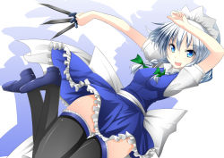 Rule 34 | 1girl, bad id, bad pixiv id, black thighhighs, blue eyes, braid, female focus, gradient background, hip focus, inu3, izayoi sakuya, knife, maid, maid headdress, silver hair, solo, thighhighs, throwing knife, touhou, twin braids, weapon, white background, wide hips