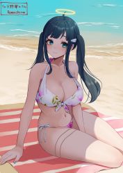 Rule 34 | 1girl, absurdres, ahoge, amano nene (vtuber), angel, beach, bikini, blue hair, breasts, cleavage, commission, front-tie bikini top, front-tie top, green eyes, hair ornament, hairclip, halo, highres, large breasts, long hair, looking at viewer, navel, production kawaii, ramachiru, side-tie bikini bottom, solo, swimsuit, thigh strap, twintails, virtual youtuber