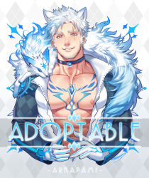 Rule 34 | 1boy, abs, animal, animal ears, animal on shoulder, argyle, arkapami, bara, bare pectorals, beard, black collar, blue fire, blush, bright pupils, chest jewel, chest tattoo, collar, commentary, creature, creature on shoulder, cropped torso, earrings, english commentary, eyebrow cut, facial hair, fire, fox boy, fox ears, gloves, goatee, green sleeves, highres, jacket, jewelry, large pectorals, long sideburns, male focus, mature male, mismatched earrings, muscular, muscular male, nipple slip, nipples, on shoulder, open clothes, open jacket, original, pectorals, scar, scar across eye, scar on face, short hair, sideburns, smile, solo, stomach, stubble, tattoo, thick eyebrows, white gloves, white hair, white jacket, white pupils, yellow eyes