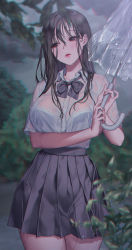Rule 34 | 1girl, absurdres, black bow, black bowtie, black eyes, black hair, black skirt, blue bra, bow, bowtie, bra, bra visible through clothes, breasts, cloud, collared shirt, commentary request, dark clouds, dark sky, hair between eyes, highres, holding, holding umbrella, lace, lace-trimmed bra, lace trim, large breasts, legs together, lips, long hair, love cacao, original, outdoors, parted lips, plant, pleated skirt, rain, see-through, see-through shirt, see-through sleeves, shirt, shirt tucked in, short sleeves, skirt, solo, transparent, transparent umbrella, umbrella, underwear, wet, wet clothes, wet hair, wet shirt, wing collar