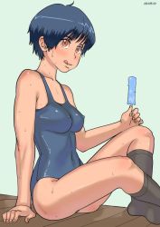 Rule 34 | 1girl, :q, arm support, ayumu (zenkou), blue hair, blush, breasts, covered erect nipples, dated, food, green background, licking lips, looking at viewer, medium breasts, one-piece swimsuit, orange eyes, original, popsicle, school swimsuit, short hair, simple background, sitting, socks, solo, sweat, swimsuit, tongue, tongue out, zenkou