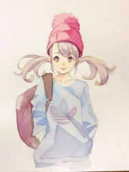 Rule 34 | 1girl, adidas, bag, beanie, collarbone, grey eyes, grey hair, hands in pockets, hat, painting (medium), photo (medium), sketch, smile, solo, sweater, swept bangs, traditional media, twintails, watercolor (medium), zdl xiaobai