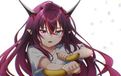 Rule 34 | 1girl, absurdres, alternate costume, banana, blue eyes, commentary, dual wielding, english commentary, fangs, food, fruit, heterochromia, highres, holding, holding food, holding fruit, hololive, hololive english, horns, irys (hololive), irys (irys 1.0) (hololive), jan azure, long hair, multiple horns, open mouth, oversized clothes, oversized shirt, pink eyes, pointy ears, purple hair, red hair, shirt, short sleeves, solo, t-shirt, upper body, v-shaped eyebrows, very long hair, virtual youtuber, white shirt