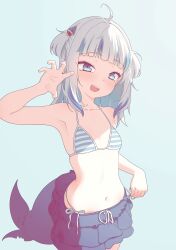 Rule 34 | 1girl, :d, absurdres, ahoge, bare shoulders, bikini, bikini top only, blue background, blue bikini, blue eyes, blue hair, blue skirt, blunt bangs, blush, breasts, collarbone, commentary, fins, fish tail, flat chest, frilled skirt, frills, gawr gura, grey hair, groping motion, hair ornament, highres, hololive, hololive english, looking at viewer, lucasyecla99, medium hair, multicolored bikini, multicolored clothes, multicolored hair, navel, open mouth, petite, photo-referenced, shark girl, shark hair ornament, shark tail, sharp teeth, side-tie bikini bottom, side ponytail, simple background, skirt, small breasts, smile, solo, spaghetti strap, stomach, streaked hair, striped bikini, striped clothes, swimsuit, swimsuit skirt, symbol-only commentary, tail, teeth, two side up, upper teeth only, virtual youtuber, white bikini