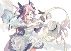 Rule 34 | anmi, cookie, cowboy shot, cupcake, flower, food, glasses, long hair, maid, oversized object, parted bangs, pink hair, ribbon, sikky, solo, two side up, white background