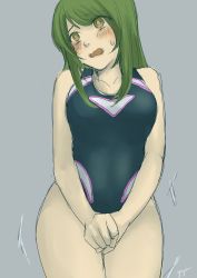 Rule 34 | 1girl, absurdres, artist request, blue one-piece swimsuit, blush, breasts, collarbone, female focus, green hair, grey background, have to pee, highres, long hair, medium breasts, one-piece swimsuit, open mouth, original, own hands together, signature, simple background, solo, standing, sweat, swimsuit, trembling, v arms, yellow eyes