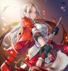 Rule 34 | 1girl, armor, axe, black gloves, boobplate, breastplate, cape, commentary, cowboy shot, da-cart, edelgard von hresvelg, fire emblem, fire emblem: three houses, fire emblem warriors, fire emblem warriors: three hopes, forehead, gloves, hairband, highres, holding, holding axe, holding weapon, long hair, looking at viewer, nintendo, purple eyes, red cape, red skirt, silver hair, skirt, solo, standing, weapon