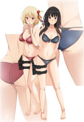 Rule 34 | 2girls, absurdres, arm behind back, arms behind back, ass, barefoot, bikini, black hair, blonde hair, blue bikini, blush, breasts, butt crack, cleavage, closed mouth, finger to mouth, flat ass, full body, gun, hair ribbon, hand up, handgun, highres, holster, index finger raised, inoue takina, layered bikini, legs, long hair, looking at viewer, lycoris recoil, medium breasts, multiple girls, multiple views, navel, nishikigi chisato, one side up, purple eyes, red bikini, red eyes, red ribbon, revision, ribbon, short hair, shushing, simple background, smile, stomach, swimsuit, tetsuado, thigh holster, thighs, underboob, weapon, whale tail (clothing), white background