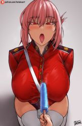 Rule 34 | 1girl, artist name, batako (batakoart), braid, braided ponytail, commentary, english commentary, epaulettes, fate/grand order, fate (series), florence nightingale (fate), food, gloves, highres, holding, holding food, jacket, long hair, long sleeves, military, military uniform, open mouth, pink hair, popsicle, pov, pov hands, red eyes, red jacket, sexually suggestive, solo focus, thighhighs, tongue, tongue out, uniform, white gloves, white thighhighs