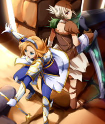 Rule 34 | 2girls, armor, back-to-back, bandages, belt, blonde hair, feet, folded ponytail, gauntlets, highres, huge weapon, league of legends, lux (league of legends), magukappu, multiple girls, riven (league of legends), sandals, short hair, shoulder pads, sword, toes, weapon, white hair