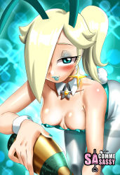 Rule 34 | 1girl, absurdres, animal ears, bare shoulders, blonde hair, blue eyes, blue leotard, blue lips, blue pantyhose, blush, breasts, champagne bottle, collar, collarbone, cowboy shot, detached collar, earrings, eyeshadow, fake animal ears, fake tail, hair over one eye, highres, jewelry, leaning forward, leotard, lips, lipstick, long hair, looking at viewer, makeup, mario (series), naughty face, nintendo, pantyhose, playboy bunny, ponytail, rabbit ears, rabbit tail, rosalina, sasa tseng, small breasts, smile, standing, star (symbol), star earrings, super mario galaxy, tail, wrist cuffs