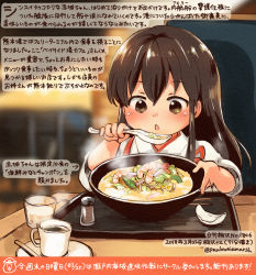 Rule 34 | 1girl, aged down, akagi (kancolle), brown eyes, brown hair, colored pencil (medium), commentary request, dated, food, hair between eyes, holding, holding spoon, japanese clothes, kantai collection, kirisawa juuzou, long hair, numbered, open mouth, sitting, solo, spoon, tasuki, traditional media, translation request, twitter username