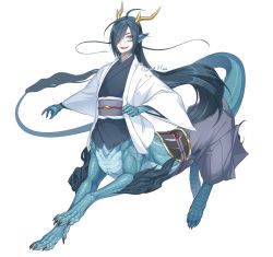 Rule 34 | 1boy, 2021, antlers, artist name, blue hair, blue scales, claws, dated, dragon boy, dragon tail, fangs, fingernails, full body, green eyes, grey pants, hair over one eye, hakama, horns, japanese clothes, kimono, long hair, looking at viewer, male focus, monster boy, open mouth, original, pants, pointy ears, running, scales, sharp fingernails, short kimono, skin fangs, slit pupils, smile, solo, t o illustvs, tail, taur, very long hair, white background
