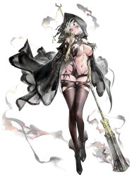 Rule 34 | 1girl, absurdres, agoto, black cloak, black footwear, black thighhighs, boots, breasts, cloak, floating cape, full body, hand to own mouth, highres, holding, holding polearm, holding weapon, large breasts, mechanical arms, navel, necromancer, original, polearm, revealing clothes, short hair, smile, solo, stomach, thighhighs, weapon, white background, white hair, yellow eyes
