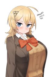 Rule 34 | 1girl, absurdres, ahoge, blazer, blonde hair, blue eyes, bow, bowtie, breasts, brown cardigan, brown jacket, cardigan, collared shirt, dated, dress shirt, hair ornament, hairclip, highres, jacket, kantai collection, large breasts, maru (marg0613), medium hair, one-hour drawing challenge, red bow, red bowtie, school uniform, shirt, solo, tuscaloosa (kancolle), twitter username, upper body, white shirt