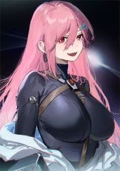 Rule 34 | 1girl, aochoku, between breasts, black bodysuit, bodysuit, breasts, earrings, fang, girls&#039; frontline, hair ornament, hairclip, highres, jacket, jewelry, long hair, looking at viewer, mole, mole under eye, off shoulder, official alternate costume, open clothes, open jacket, open mouth, pink hair, red eyes, revision, sidelocks, sig mcx (girls&#039; frontline), sig mcx (trans-dimensional sentinel) (girls&#039; frontline), smile, spacesuit, spade (shape), spade earrings, strap between breasts, turtleneck, upper body