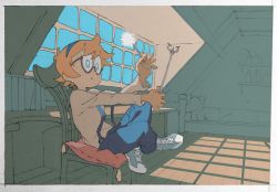 Rule 34 | 10s, 1girl, alternate costume, bad id, bad twitter id, blue eyes, chain, freckles, glasses, headband, high contrast, highres, crossed legs, little witch academia, lotte jansson, orange hair, pants, shin&#039;ya (shinya234), shoes, short hair, sitting, smile, sneakers, solo, suspenders, wand