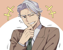 Rule 34 | 1boy, bara, brown eyes, coat, commentary request, formal, grey hair, male focus, mature male, necktie, old, old man, one eye closed, open mouth, original, shirt, smile, solo, yoshinaga haru