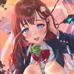 Rule 34 | 1girl, bag, blazer, blue eyes, blush, bow, bowtie, brown hair, building, frog, hair ornament, hairclip, highres, jacket, long hair, mhk (mechamania), open mouth, original, puddle, red bow, red bowtie, reflection, ripples, school uniform, shirt, skirt, solo, squatting, water, white shirt