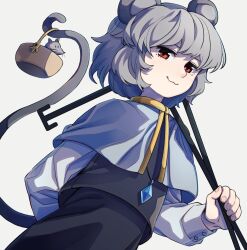 Rule 34 | 1girl, animal, animal ears, black skirt, black vest, capelet, dowsing rod, grey capelet, grey hair, highres, jewelry, kamabokopic, long sleeves, mouse (animal), mouse ears, mouse tail, nazrin, pendant, red eyes, shirt, short hair, simple background, skirt, solo, tail, touhou, vest, white background, white shirt